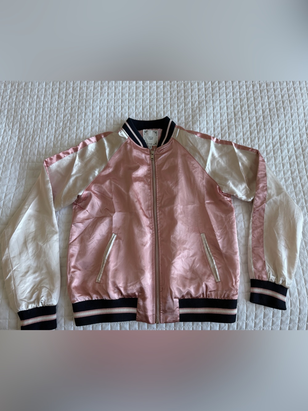 Pink and White Satin Bomber Jacket